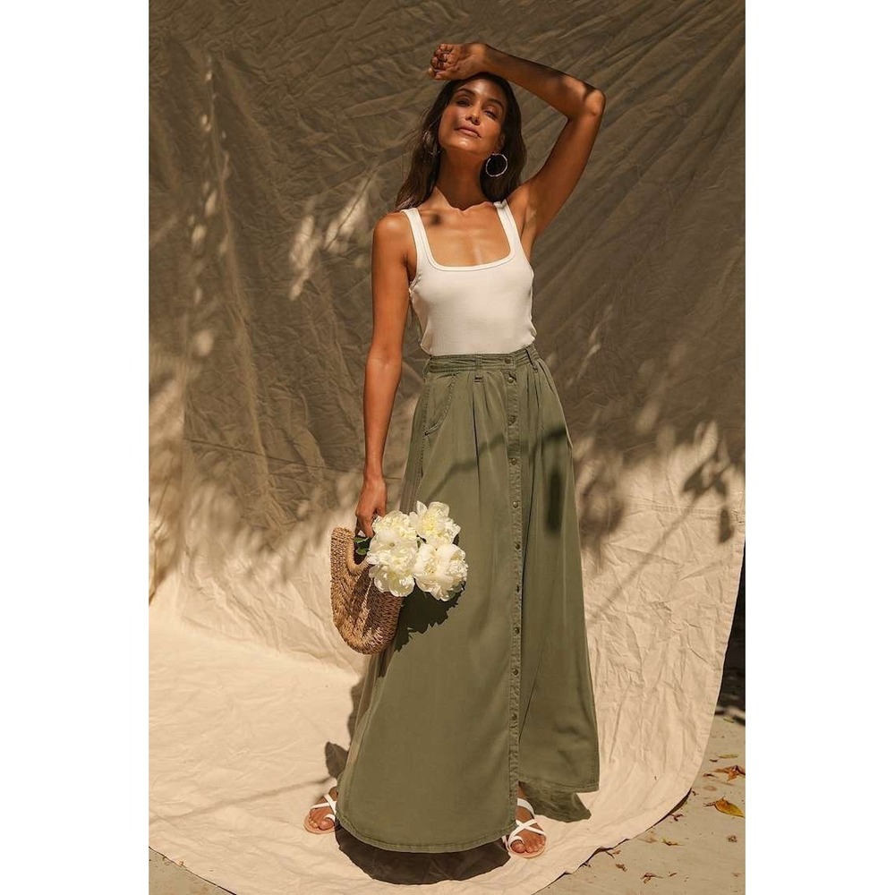Pistola Maxi Skirt Button Front Womens Size S Olive Green High Waist Boho NEW